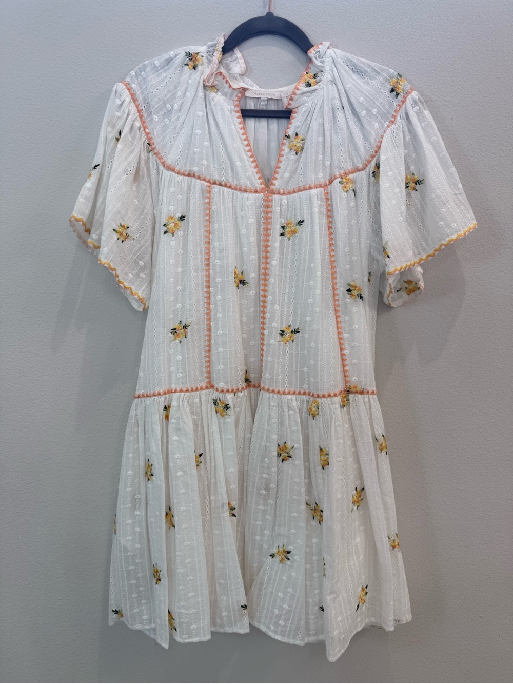 Olivaceous, White Eyelet Dress with Yellow Floral Print, Peach Trim, and pockets